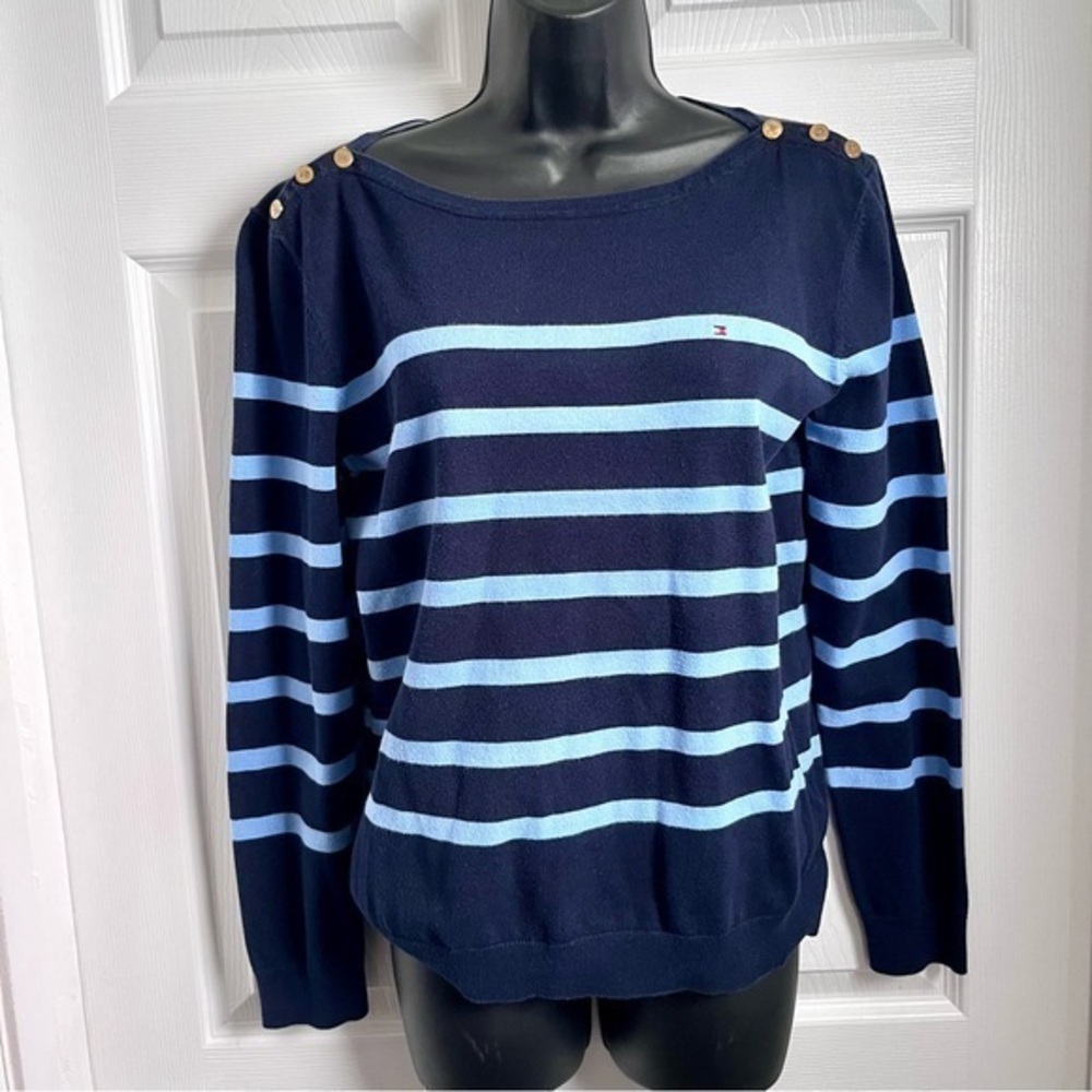 3/25$💥 Tommy Hilfiger pull sweater Shirt long sleeve Women Medium striped blue